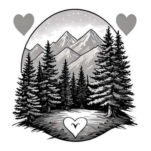 smoky mountains landscape tattoo featuring pine trees in foreground with hearts and dates carved into their bark tattoo design idea