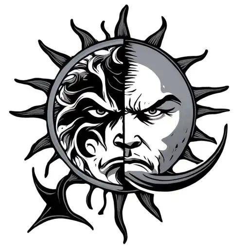 half sun half moon american traditional style for men's shoulder with face slightly angry tattoo design idea