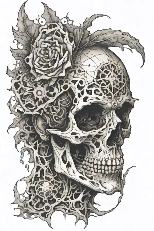 Arcane tattoo, hex anomaly infection, burn outlines, perforated asymmetrical, located in separate spots on the back tattoo design idea