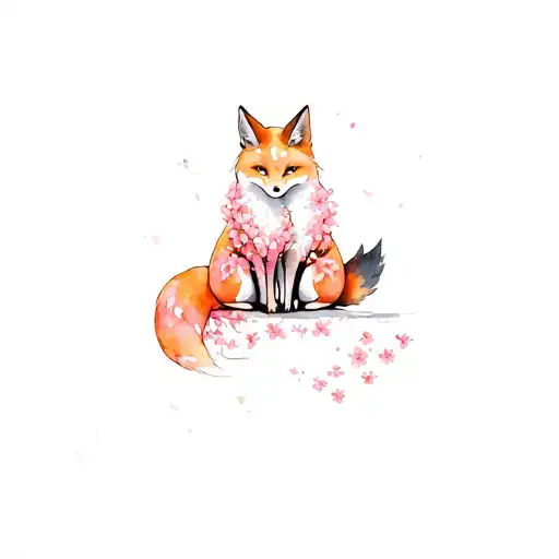 cherry blossom kitsune sitting together tattoo design idea