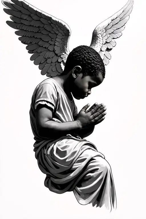 realistic African American angel boy from the hood praying looking sideways tattoo design idea