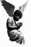 realistic African American angel boy from the hood praying looking sideways tattoo design idea