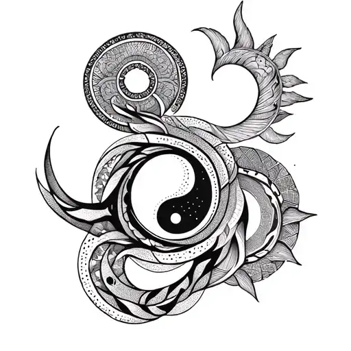 A tribal-inspired tattoo combining Aquarius and Sagittarius symbols, with a yin and yang motif, in a dotwork style tattoo design idea