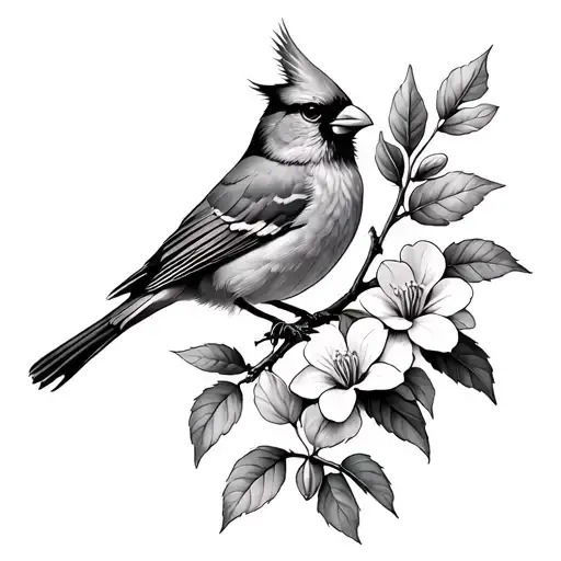 outlined cardinal on bleeding heart flower branch tattoo design idea