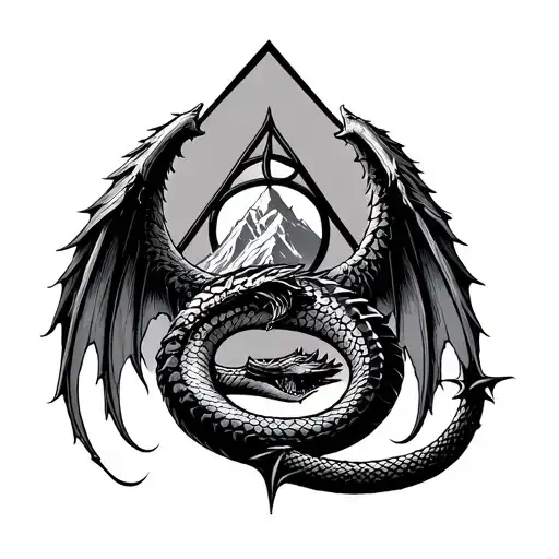 Whimsical with ancient runes, dragon wings, Slytherin snake, Velaris mountain, deathly hallows symbol, thorns  tattoo design idea