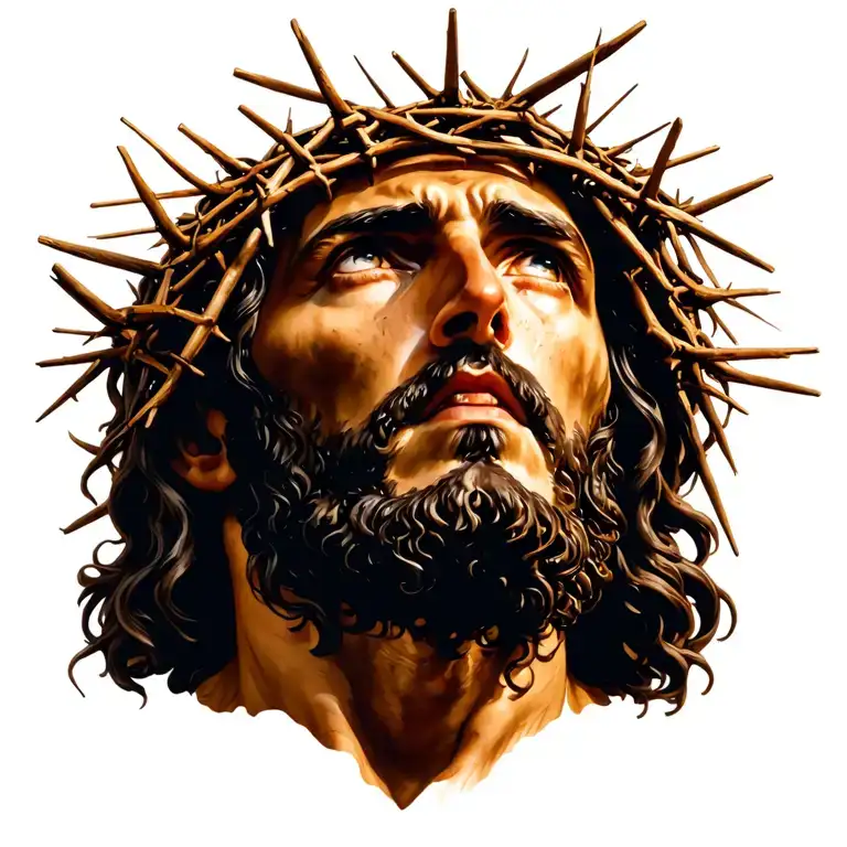 Jesus looking up with the crown of thorns on his head tattoo design idea