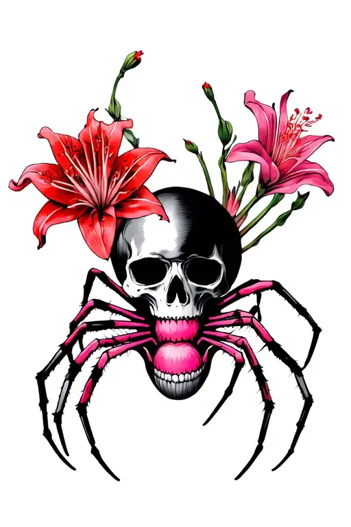 black and pink skull and red spider lily opposite on chest tattoo design idea