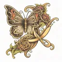 Design a tattoo that features the name intertwined with an infinity symbol, one loop shaped as a butterfly, and a tiny c tattoo design idea