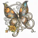 Design a tattoo that features the name intertwined with an infinity symbol, one loop shaped as a butterfly, and a tiny c tattoo design idea
