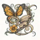 Design a tattoo that features the name intertwined with an infinity symbol, one loop shaped as a butterfly, and a tiny c tattoo design idea