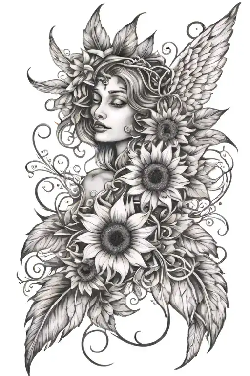 floral sunflower vine and angel wings and feathers tattoo design idea