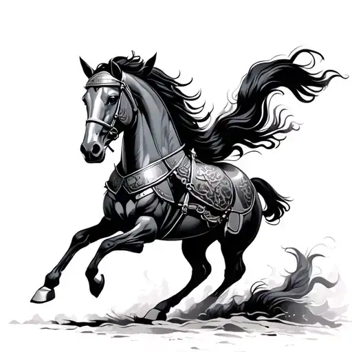 Asian war horse galloping with armor tattoo design idea