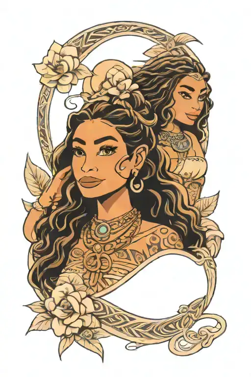 Can you make me a moana tattoo with her face and the necklace on her with the word “there’s no telling how far ill go". tattoo design idea
