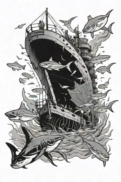 shipwreck with sharks and manta rays swimming in and out and a school of fish swimming above tattoo design idea