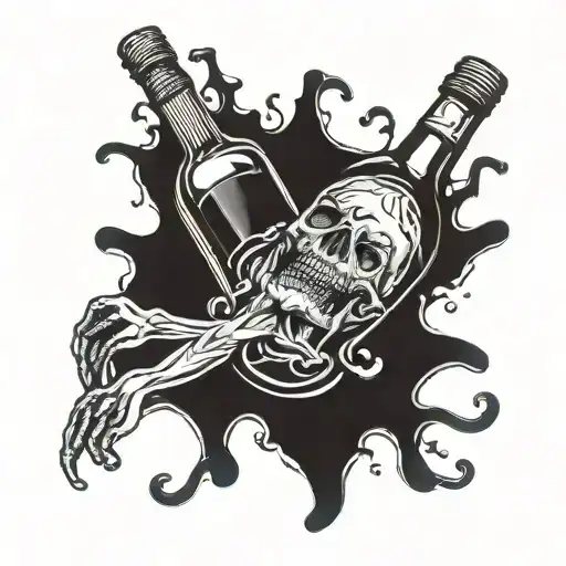 dead body holding bottle of alcohol spilled tattoo design idea