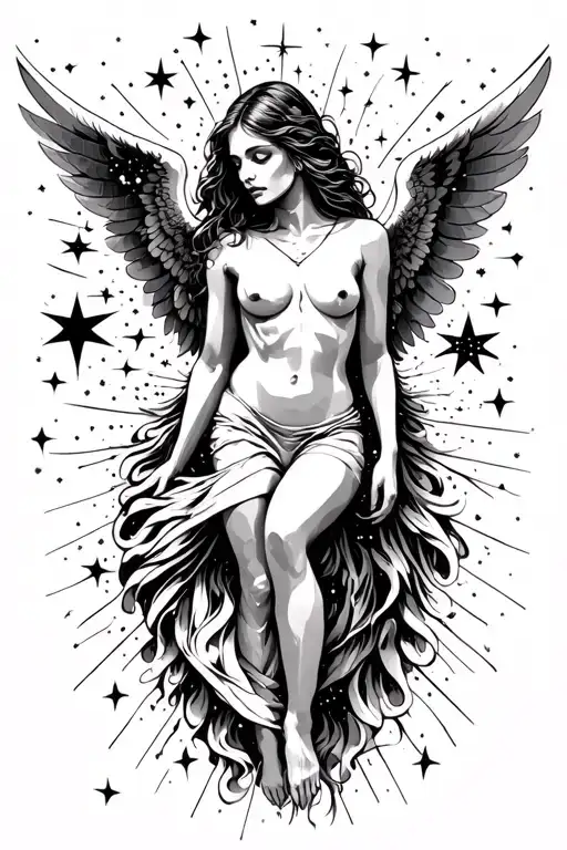fallen angel in space thin line black and white with detailed face and body. galaxy of stars behind her. tattoo design idea