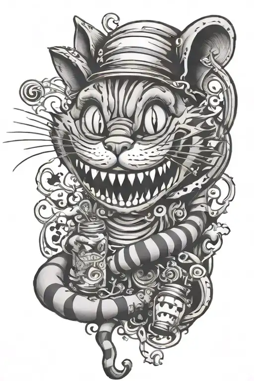 cheshire cat with drugs, rock n roll, mushroom ,  tattoo design idea