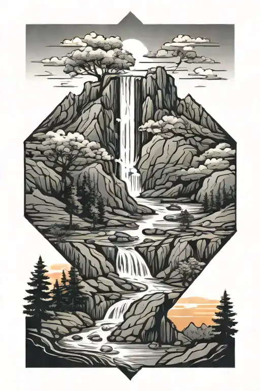 mountains, river, waterfall, trail, oak trees colors sunset tattoo design idea