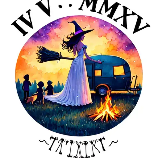"IV V MMXIV" silhouette of busty sexy witch bride on broomstick over a campsite with a trailer and campfire with children & dog tattoo design idea