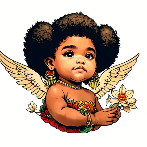 cherub tattoo with two afro puffs full body with garments and bamboo earrings  tattoo design idea