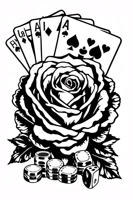 "Life's a Gamble" "Life's a Gamble" casino themed death rose tattoo stencil, chips, dice, money, cards above rose tattoo design idea