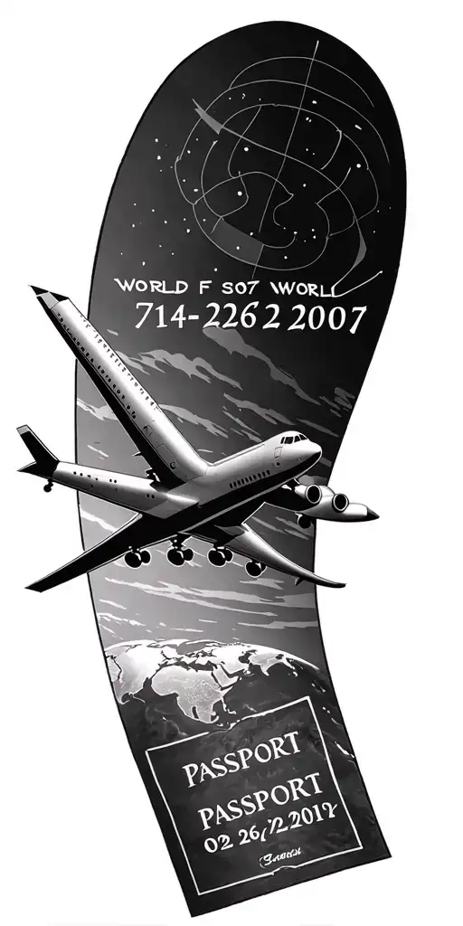 travel tattoo with 747 aircraft dates using passport stamp style 02-16-2007 07-26-2017 06-22-2019 faint world tattoo design idea