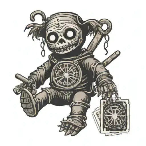 scary male voodoo doll with pins holding tarot cards tattoo design idea