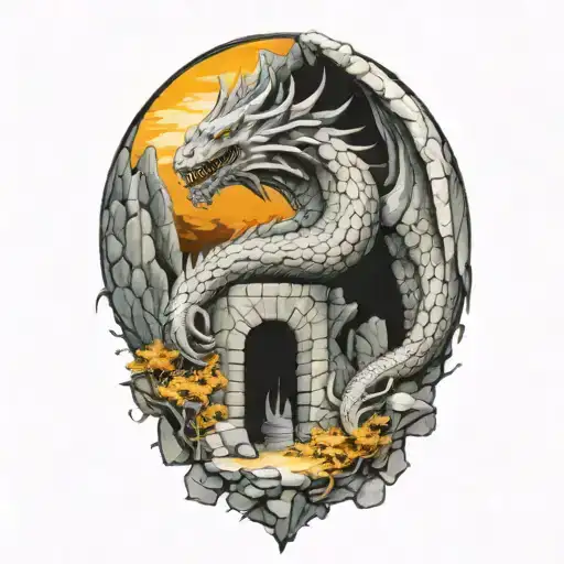 Very realistic stone dragon, ruins of an ancient castle tattoo design idea