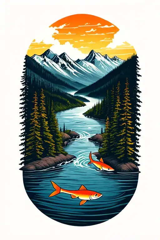 river flowing in wilderness, fish swiming downstream, mountains around tattoo design idea