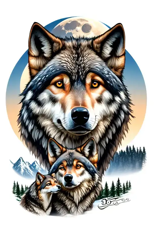 wolf family dedication of mum dad and 2 children with moon, mountains and forrest background tattoo design idea