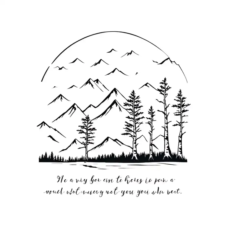 birch trees with mountains in the background with words in tiny print at the base  tattoo design idea