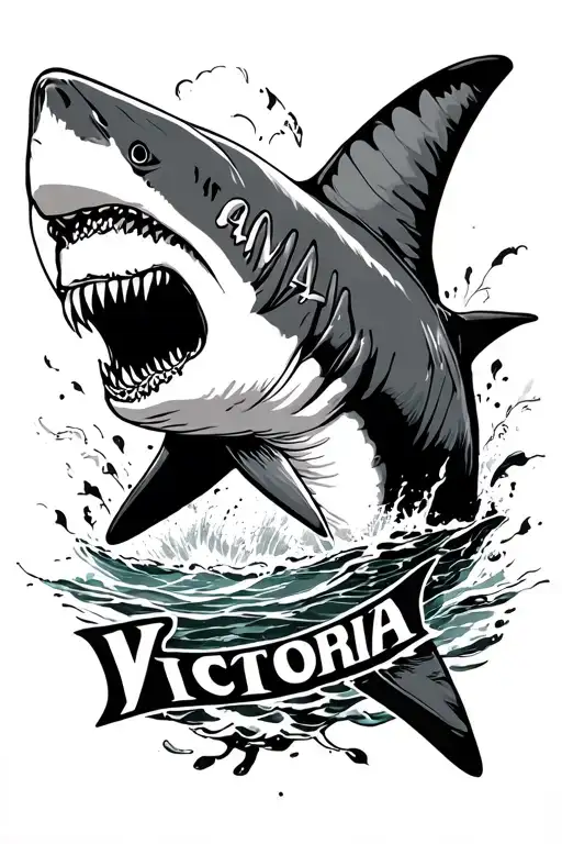 The tattoo goes from top to bottom, at first the word “amat” then immediately the shark goes below, after it the second word “Victoria” is underway from below tattoo design idea