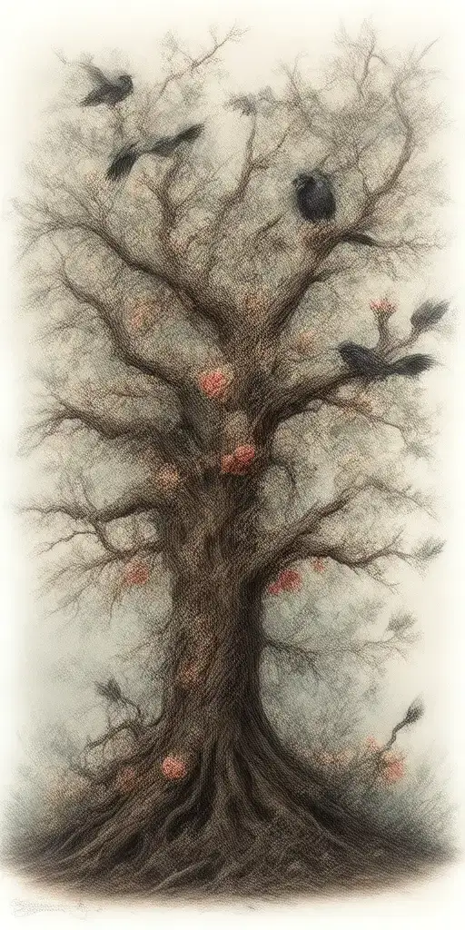 crooked scary looking tree wich gnarled and snapped branches. ravens perched amongst the branches roses weaving amongst tattoo design idea