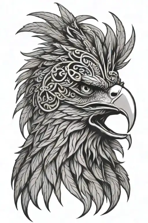 Eagle head, profile. Cannabis marijuana weed shaped feathers encircle head, radiating outwards. Detailed. tattoo design idea