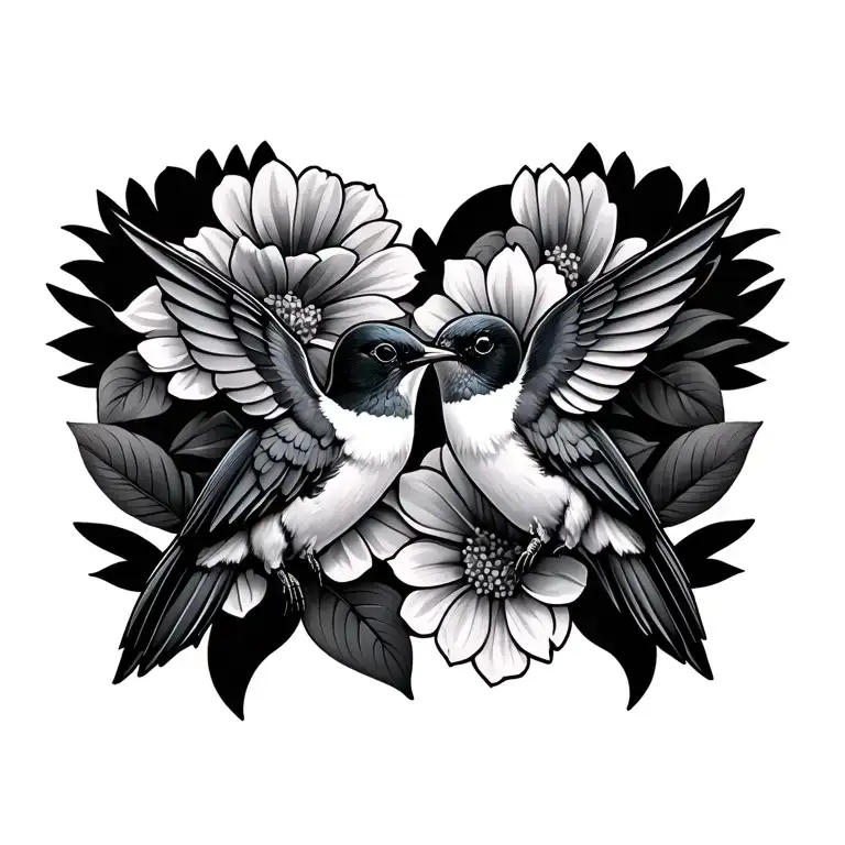 two humming bird with flowers tattoo design idea