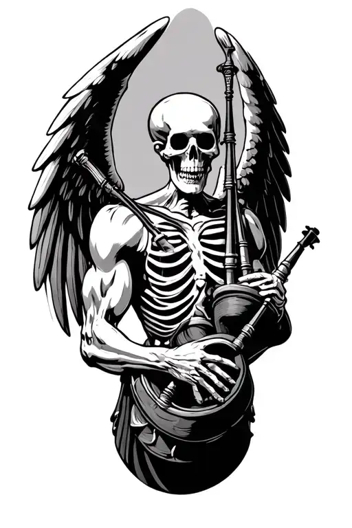 winged muscular skeleton playing bagpipes tattoo design idea