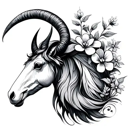 capricorn symbol with flowers growing tattoo design idea