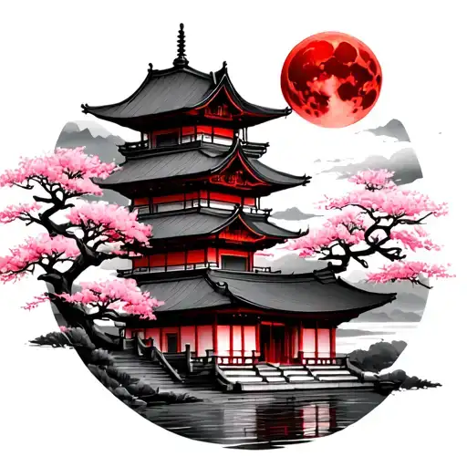 Pagoda Temple with a red moon and cherry trees tattoo design idea