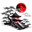 Pagoda Temple with a red moon and cherry trees tattoo design idea