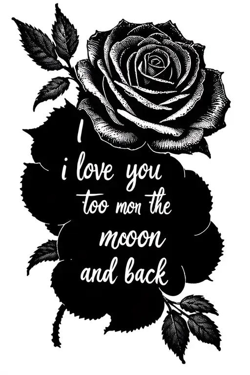 the rose from beauty and the beast with "i love you too the moon and back" writen around the spine  tattoo design idea