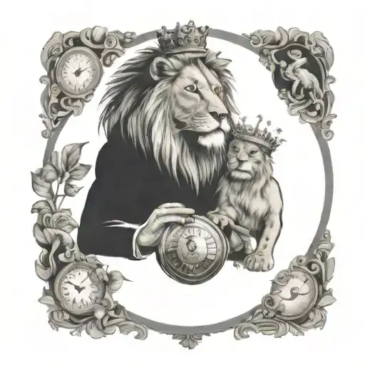 A tattoo design of a lion wearing a crown, surrounded by clocks and playing cards, with a mirror reflecting a woman and a man holding hands tattoo design idea