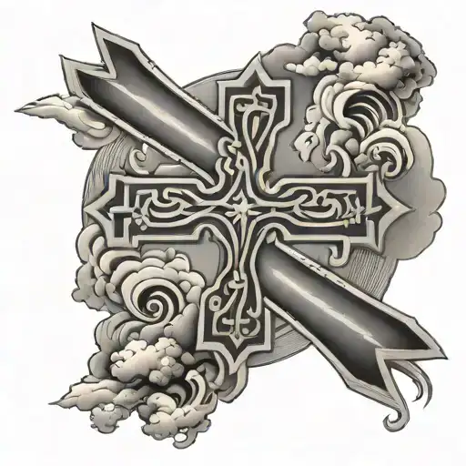 Roman cross with Japanese clouds tattoo design idea