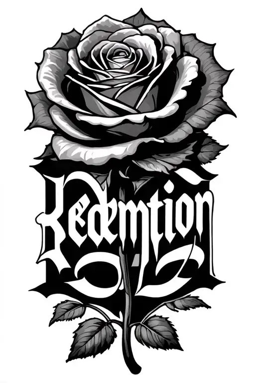 the word Redemption in German font, a rose curling horizontally through the letters  tattoo design idea