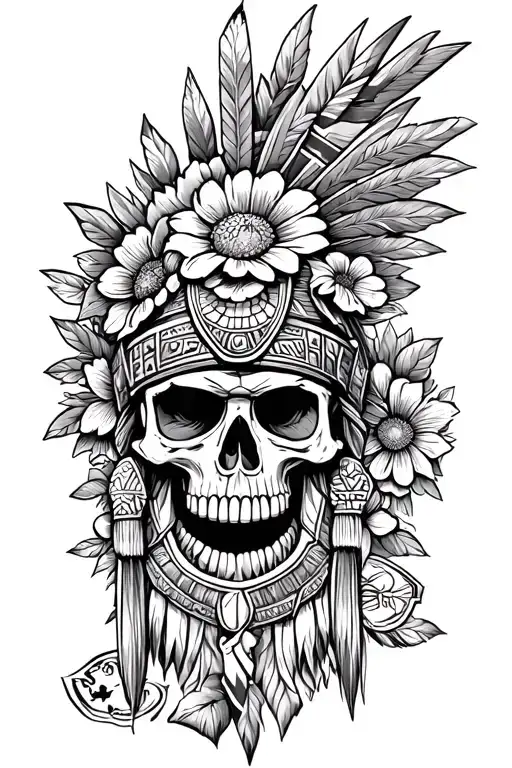 aztec warrior, skull, flower, colombia flag, union jack flag tattoo design idea
