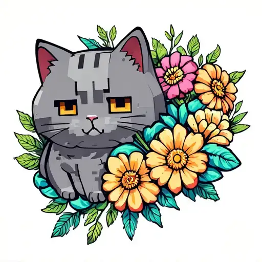 grey Minecraft cat cloud wrap around with flower blooming tattoo design idea