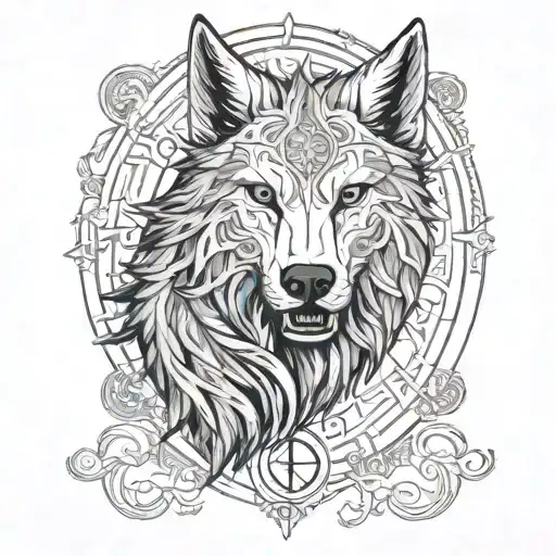 A fenrir perched on runes with intricate line work, and viking rune patterns woven into fur and skull. oval shaped tattoo design idea