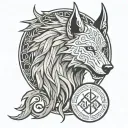 A fenrir perched on runes with intricate line work, and viking rune patterns woven into fur and skull. oval shaped tattoo design idea