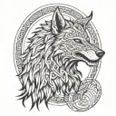 A fenrir perched on runes with intricate line work, and viking rune patterns woven into fur and skull. oval shaped tattoo design idea