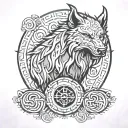 A fenrir perched on runes with intricate line work, and viking rune patterns woven into fur and skull. oval shaped tattoo design idea
