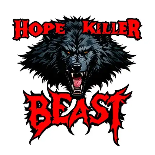 centered black werewolf with the word "Hope Killer" written above in red and the word "BEAST" written below tattoo design idea